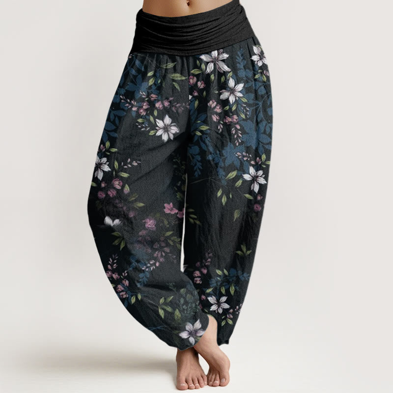 Buddha Stones Small White Blossoms Green Leaves Women's Elastic Waist Harem Pants - Black - US22，UK/AU26，EU54 (6XL) - image 0