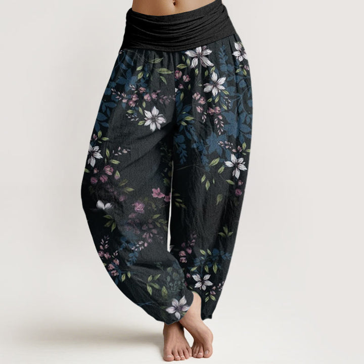 Buddha Stones Small White Blossoms Green Leaves Women's Elastic Waist Harem Pants - Black - US22，UK/AU26，EU54 (6XL) - image 0