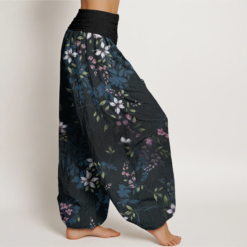 Buddha Stones Small White Blossoms Green Leaves Women's Elastic Waist Harem Pants - image 2