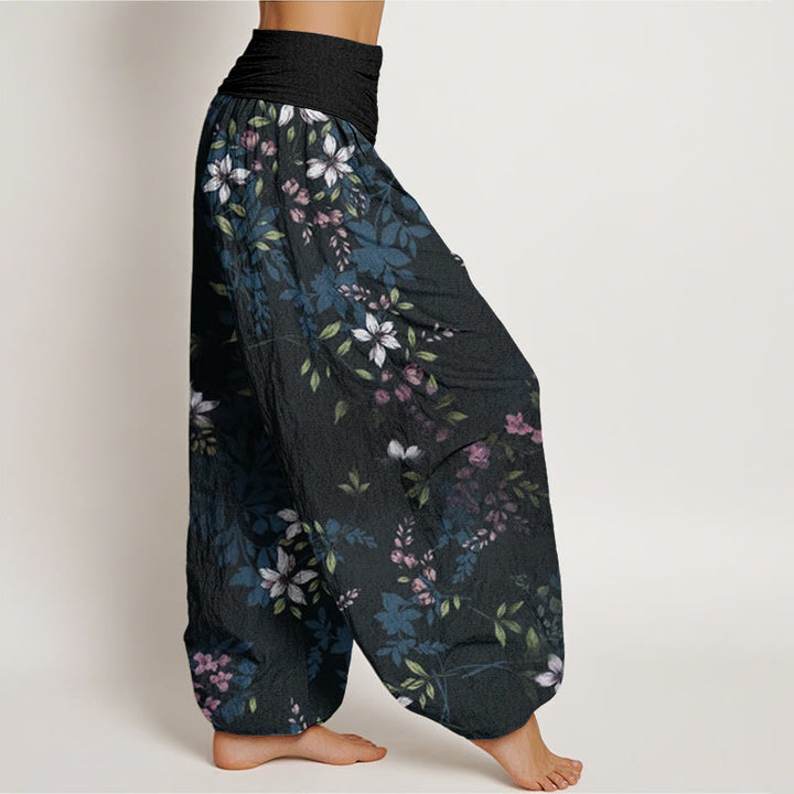 Buddha Stones Small White Blossoms Green Leaves Women's Elastic Waist Harem Pants - image 2