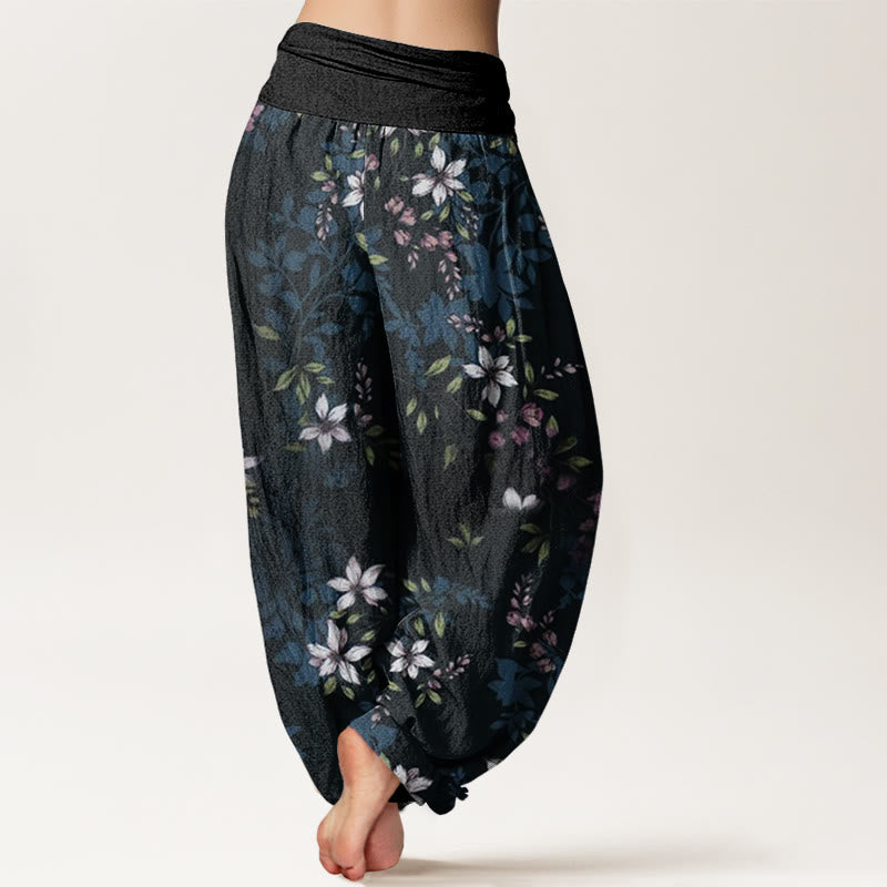 Buddha Stones Cotton Small White Blossoms Green Leaves Women's Elastic Waist Harem Pants - image 1