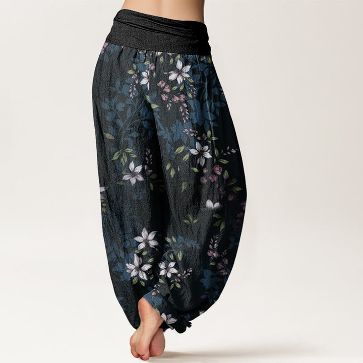 Buddha Stones Small White Blossoms Green Leaves Women's Elastic Waist Harem Pants - image 1