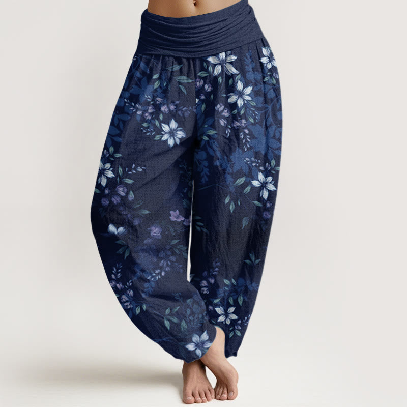 Buddha Stones Small White Blossoms Green Leaves Women's Elastic Waist Harem Pants - MidnightBlue - US22，UK/AU26，EU54 (6XL) - image 4