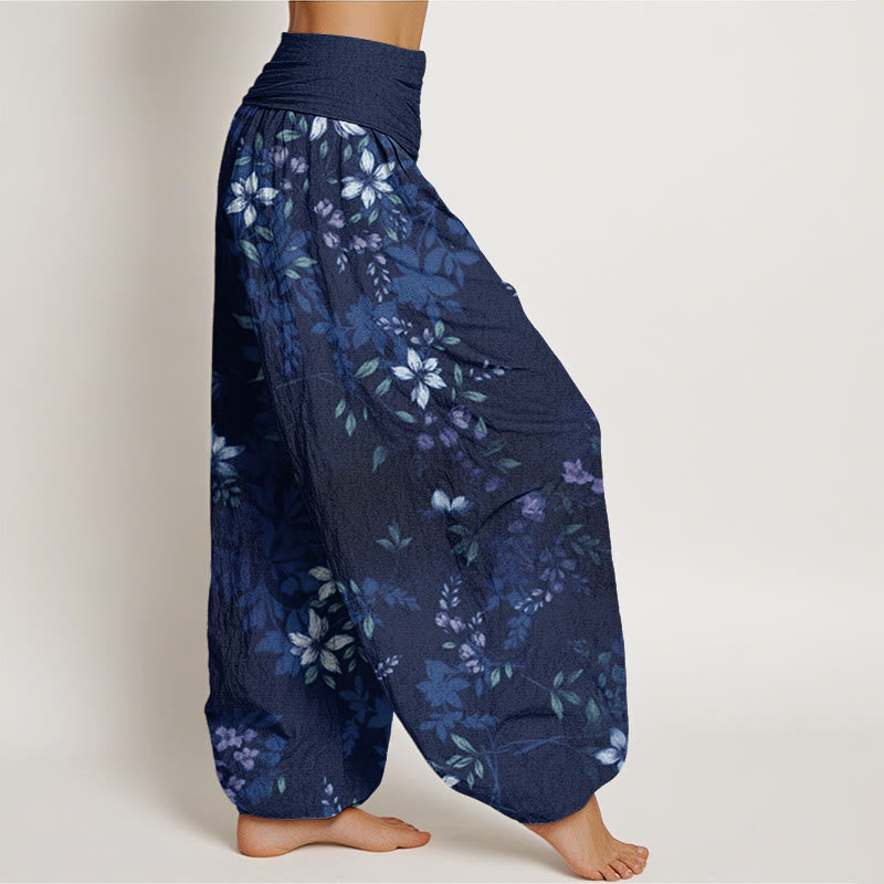Buddha Stones Small White Blossoms Green Leaves Women's Elastic Waist Harem Pants - image 6