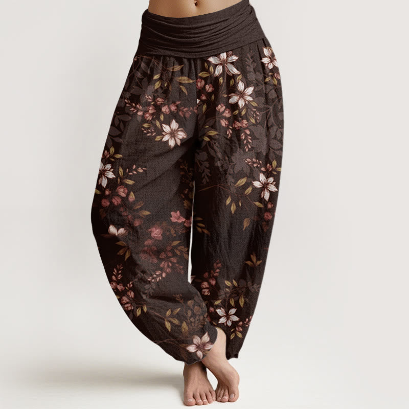 Buddha Stones Cotton Small White Blossoms Green Leaves Women's Elastic Waist Harem Pants - SaddleBrown - US22，UK/AU26，EU54 (6XL) - image 7