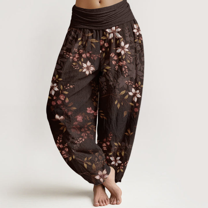 Buddha Stones Cotton Small White Blossoms Green Leaves Women's Elastic Waist Harem Pants - SaddleBrown - US22，UK/AU26，EU54 (6XL) - image 7