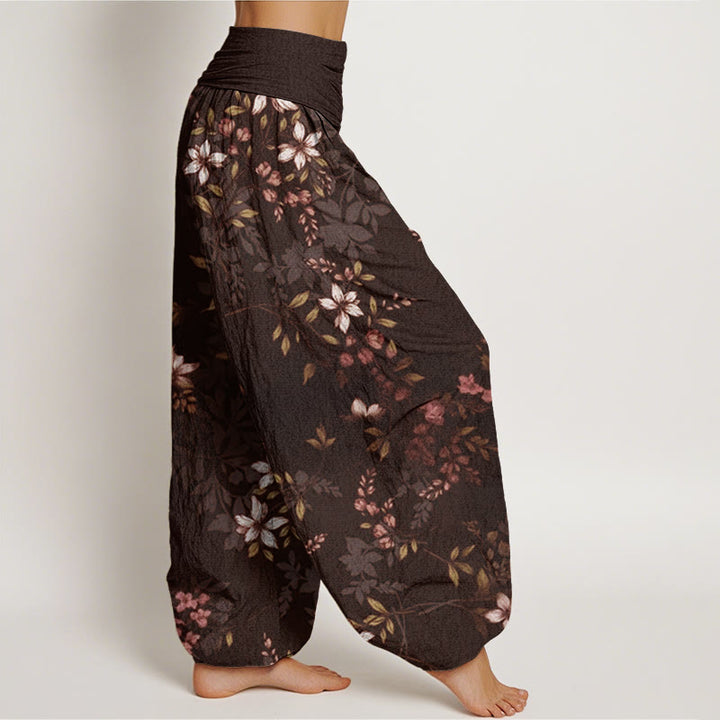 Buddha Stones Small White Blossoms Green Leaves Women's Elastic Waist Harem Pants - image 9