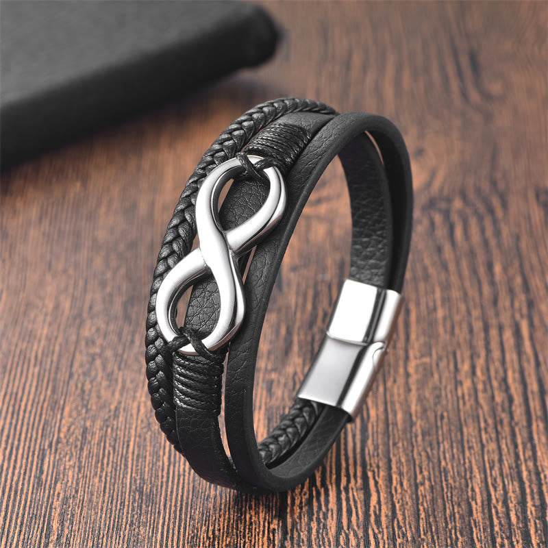 Buddha Stones Eternal Endless Knot Infinity Symbol Titanium Steel Calm Leather Buckle Bracelet - Silver(Wrist Circumference: 18-20cm) - image 0