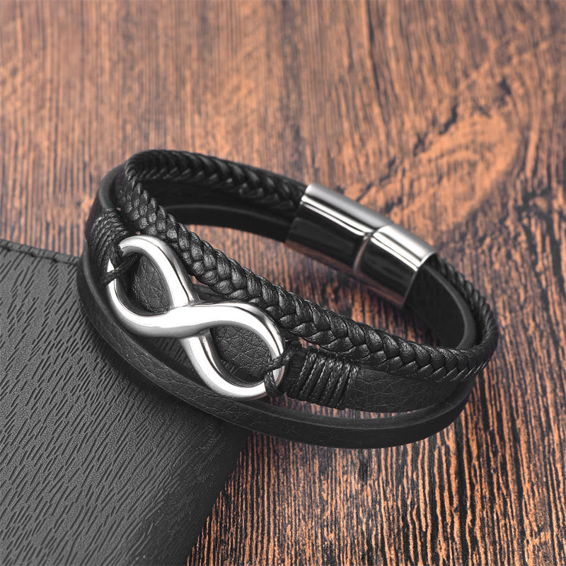 Buddha Stones Eternal Endless Knot Infinity Symbol Titanium Steel Calm Leather Buckle Bracelet - image 1
