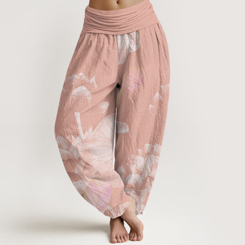 Buddha Stones Pink And White Lotus Women's Elastic Waist Harem Pants - DarkSalmon - US22，UK/AU26，EU54 (6XL) - image 0