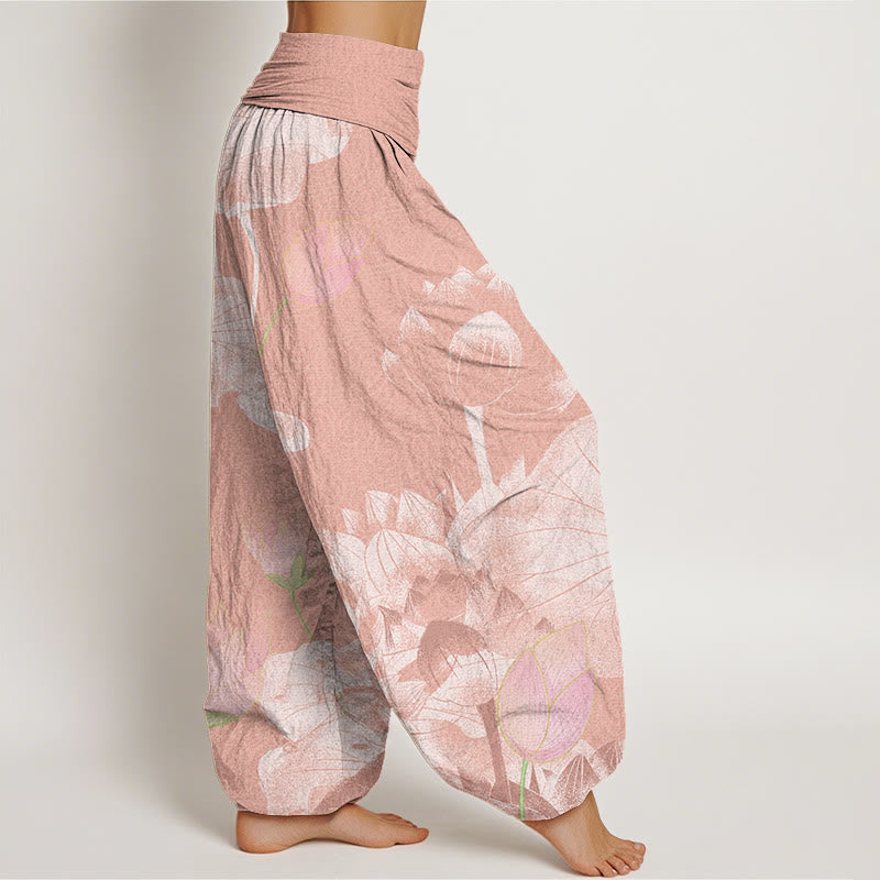Buddha Stones Pink And White Lotus Women's Elastic Waist Harem Pants - image 2