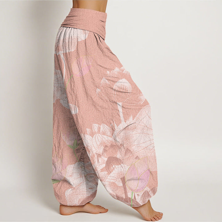 Buddha Stones Pink And White Lotus Women's Elastic Waist Harem Pants - image 2