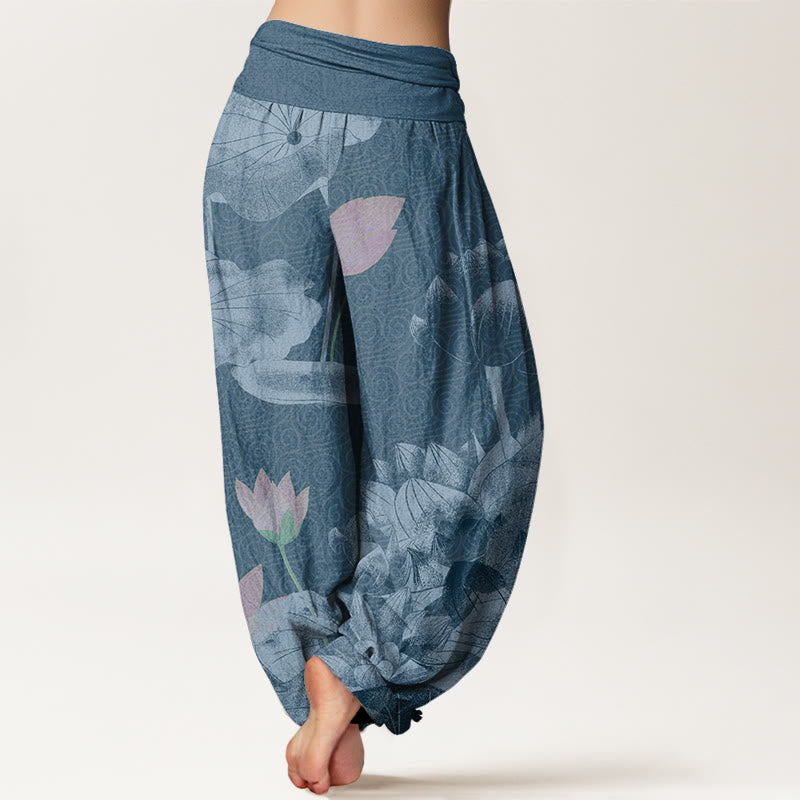 Buddha Stones Pink And White Lotus Women's Elastic Waist Harem Pants - image 5