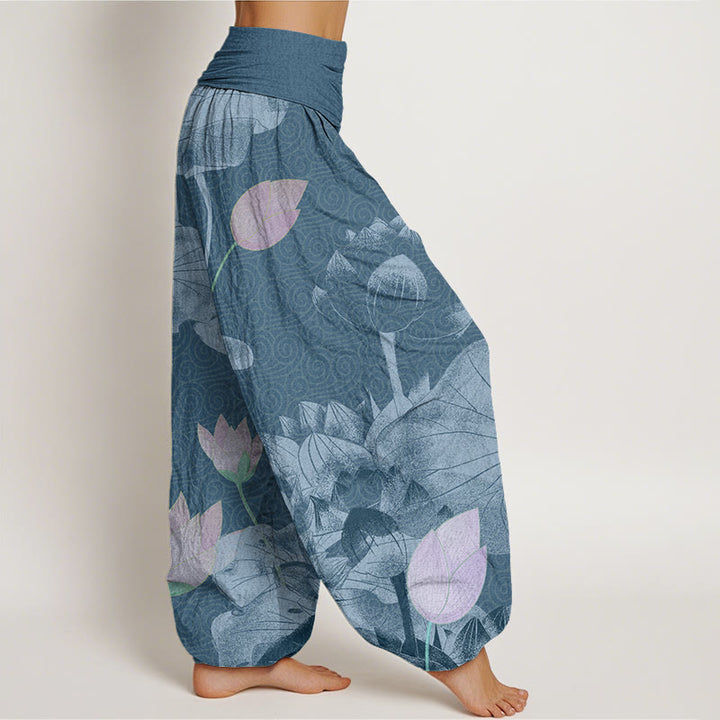 Buddha Stones Pink And White Lotus Women's Elastic Waist Harem Pants - image 6