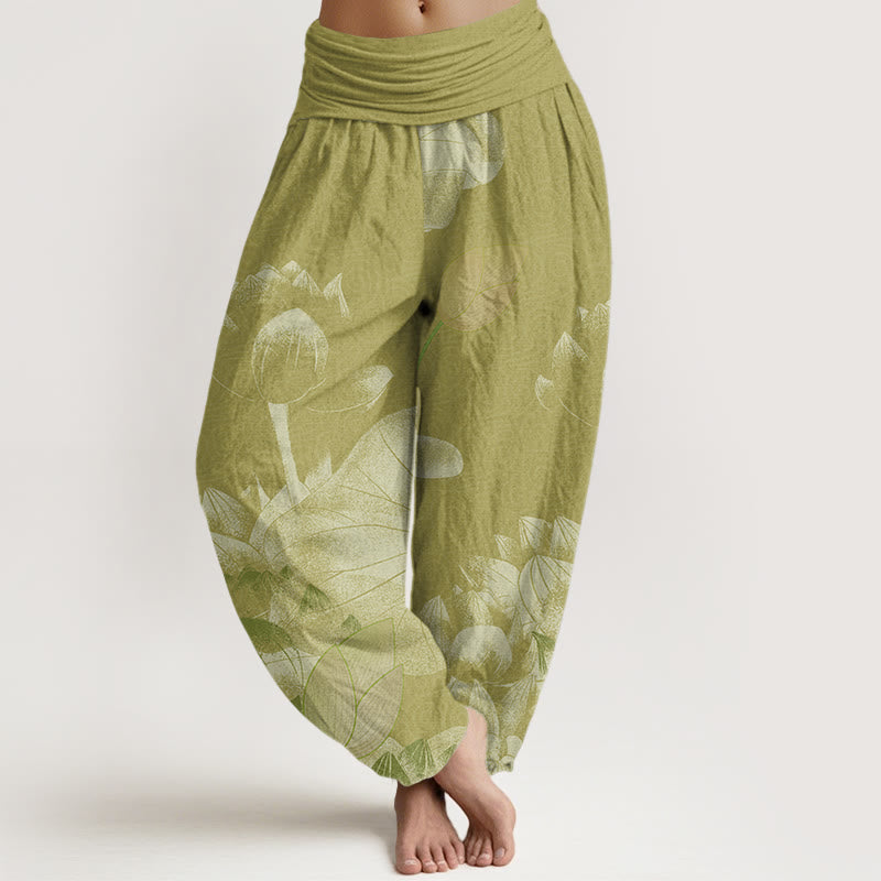 Buddha Stones Pink And White Lotus Women's Elastic Waist Harem Pants - DarkKhaki - US22，UK/AU26，EU54 (6XL) - image 7
