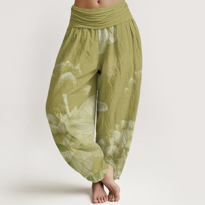 Buddha Stones Pink And White Lotus Women's Elastic Waist Harem Pants - DarkKhaki - US22，UK/AU26，EU54 (6XL) - image 7