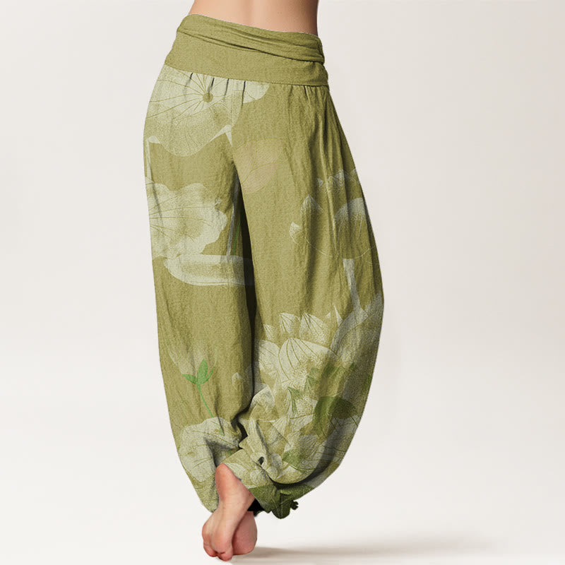 Buddha Stones Pink And White Lotus Women's Elastic Waist Harem Pants - image 8