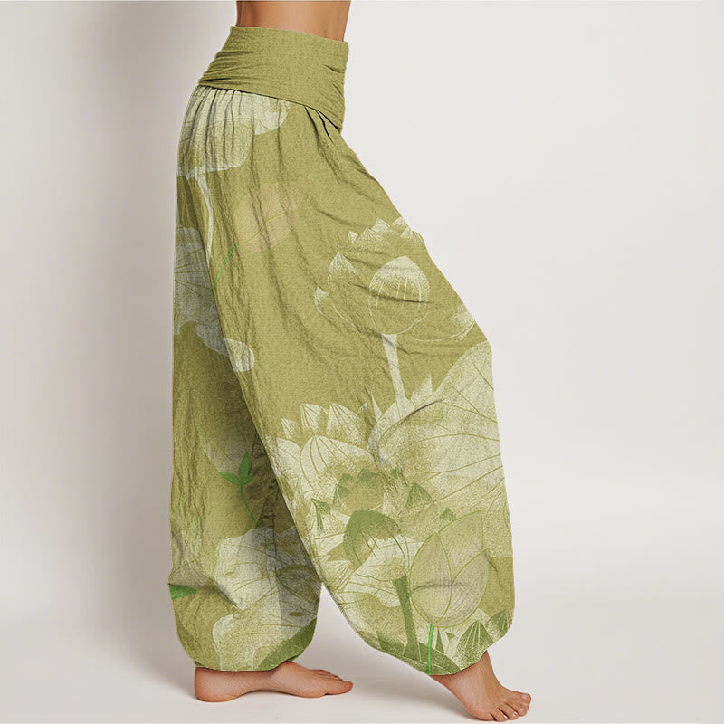Buddha Stones Pink And White Lotus Women's Elastic Waist Harem Pants - image 9