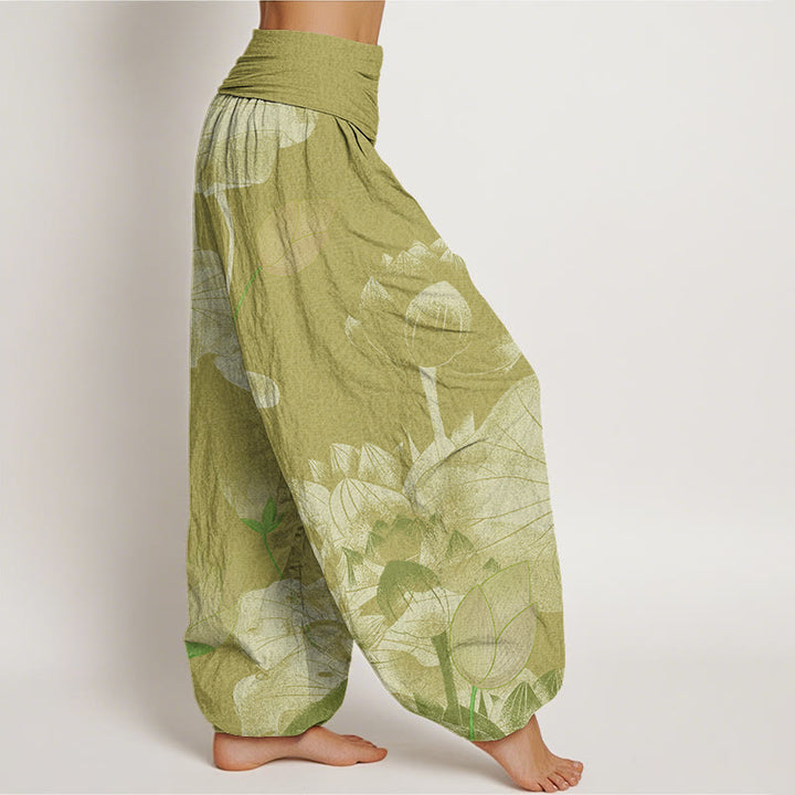Buddha Stones Pink And White Lotus Women's Elastic Waist Harem Pants - image 9
