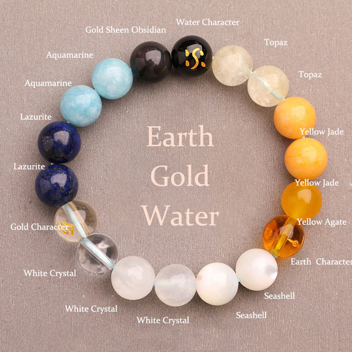 Buddha Stones Five Elements Various Agate Crystal Sun Stone Wisdom Bracelet - Earth Gold Water(Wrist Circumference: 14-16cm) - 10mm - image 13