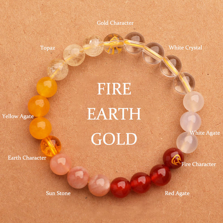 Buddha Stones Five Elements Various Agate Crystal Sun Stone Wisdom Bracelet - Fire Earth Gold(Wrist Circumference: 14-16cm) - 8mm - image 4