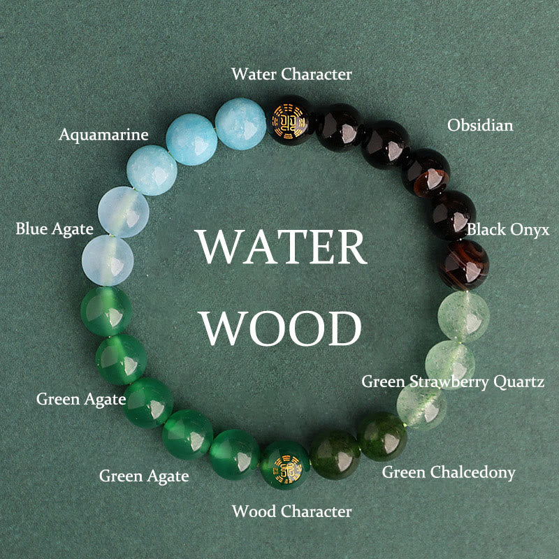Buddha Stones Five Elements Various Agate Crystal Black Onyx Green Chalcedony Aquamarine Wisdom Bracelet - Water Wood(Wrist Circumference: 14-16cm) - 8mm - image 13