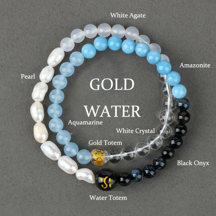 Buddha Stones Five Elements Various Agate Crystal Pearl Black Onyx White Agate White Crystal Luck Bracelet - Gold Water(Wrist Circumference: 14-16cm) - image 0