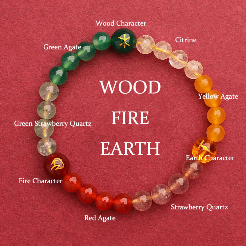 Buddha Stones Five Elements Various Agate Crystal Green Strawberry Quartz Sun Stone Wealth Bracelet - Fire Earth Wood(Wrist Circumference: 14-16cm) - 6mm - image 2