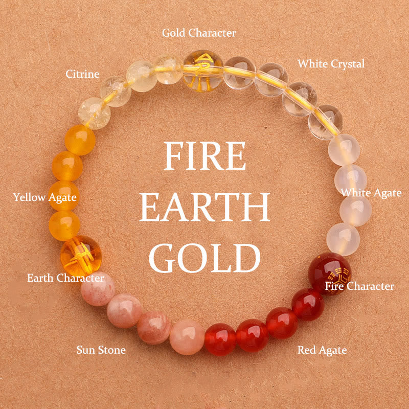 Buddha Stones Five Elements Various Agate Crystal Green Strawberry Quartz Sun Stone Wealth Bracelet - Gold Fire Earth(Wrist Circumference: 14-16cm) - 6mm - image 24