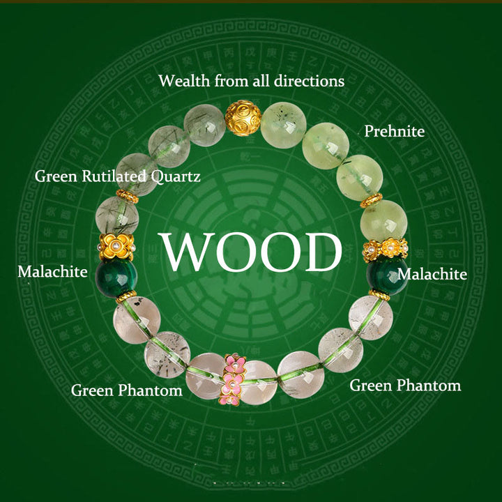 Buddha Stones Five Elements Various Agate Crystal Green Phantom Rutilated Quartz Green Grape Agate Malachite Luck Bracelet - Wood(Wrist Circumference: 14-16cm) - image 0