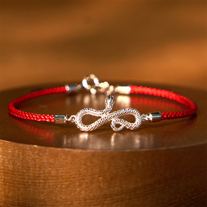 Buddha Stones 999 Sterling Silver Year Of Snake Red String Protection Braided Bracelet - 999 Sterling Silver Red String Snake (Wrist Circumference: 15-18cm) - image 0