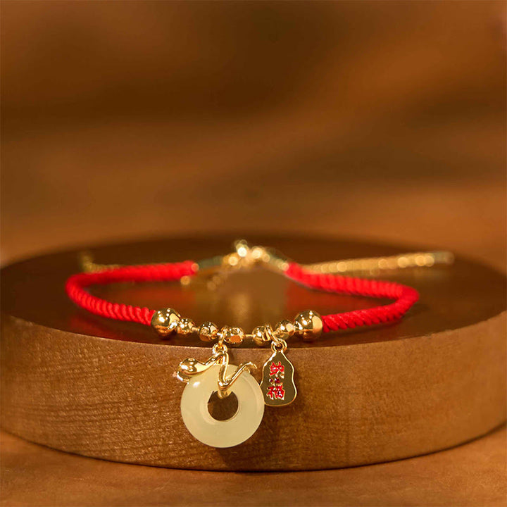 Buddha Stones Copper Plated Gold Jade Peace Buckle Fu Character Year Of The Snake Red String Luck Bracelet - Red String Peace Buckle(Wrist Circumference: 14-17cm) - image 0