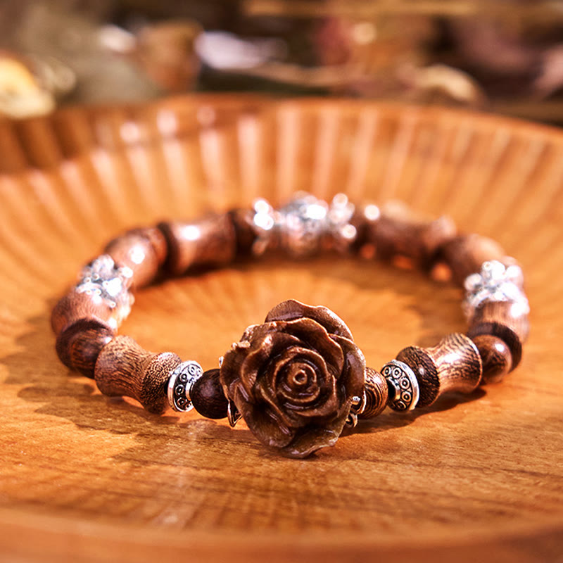 Buddha Stones Sandalwood Bamboo Pattern Camellia Healing Bracelet - image 0