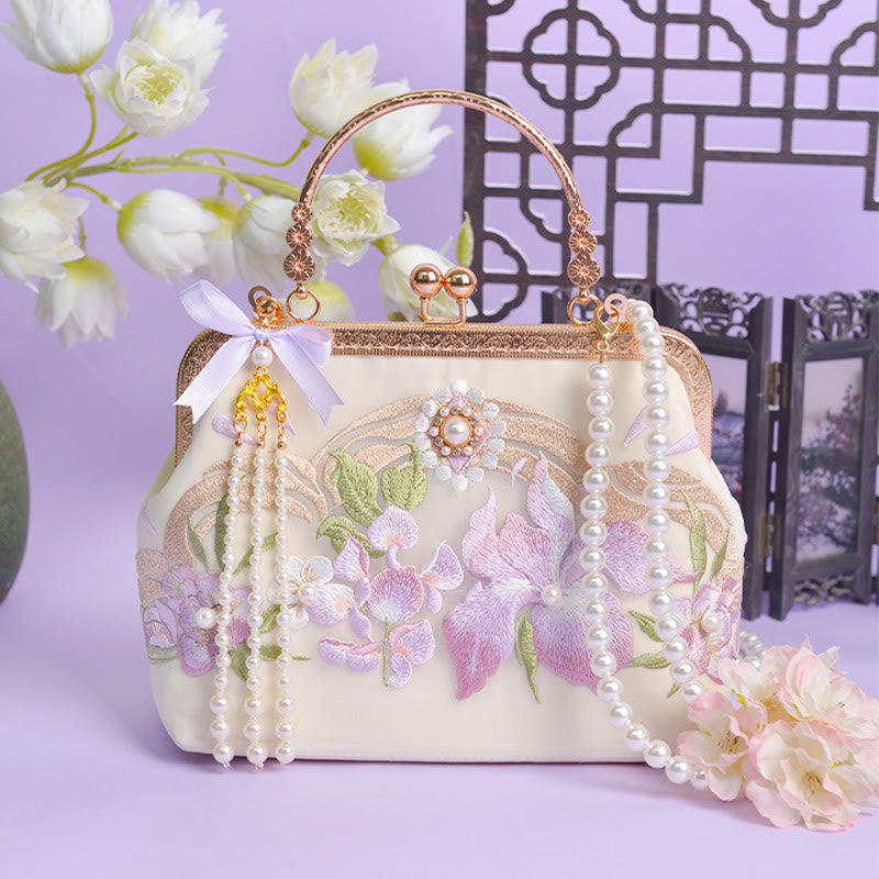 Buddha Stones Flowers Embroidered Tassel Pendant Pearl Metal Chain Crossbody Bag Handbags - image 3