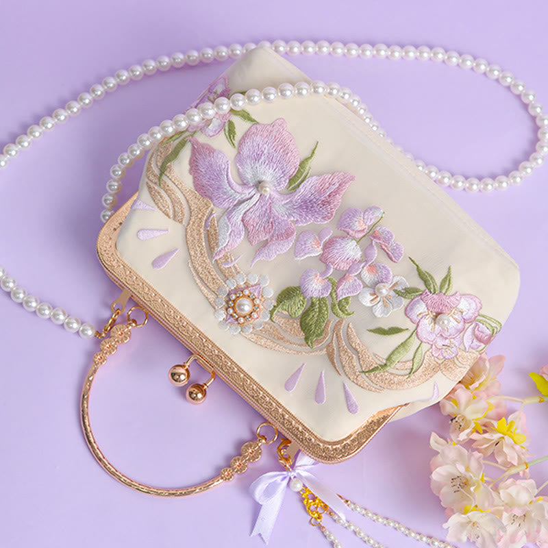 Buddha Stones Flowers Embroidered Tassel Pendant Pearl Metal Chain Crossbody Bag Handbags - image 4