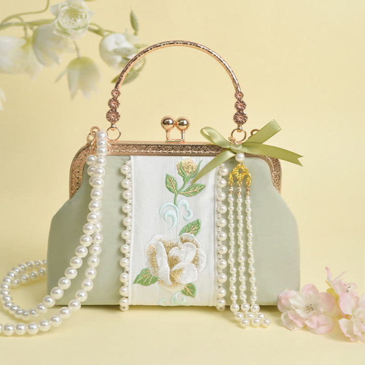 Buddha Stones Double-sided Flowers Embroidery Pearl Pendant Metal Chain Crossbody Bag Handbags - image 2