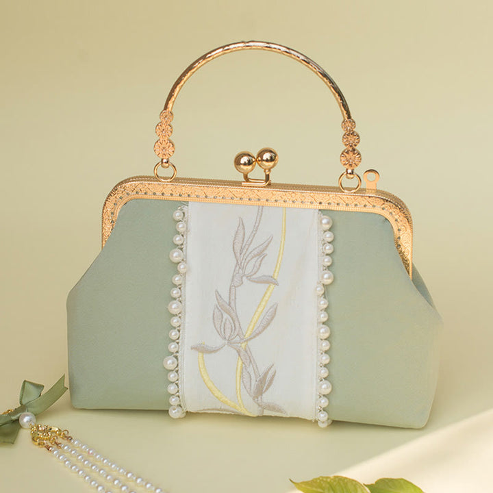 Buddha Stones Double-sided Flowers Embroidery Pearl Pendant Metal Chain Crossbody Bag Handbags - image 12