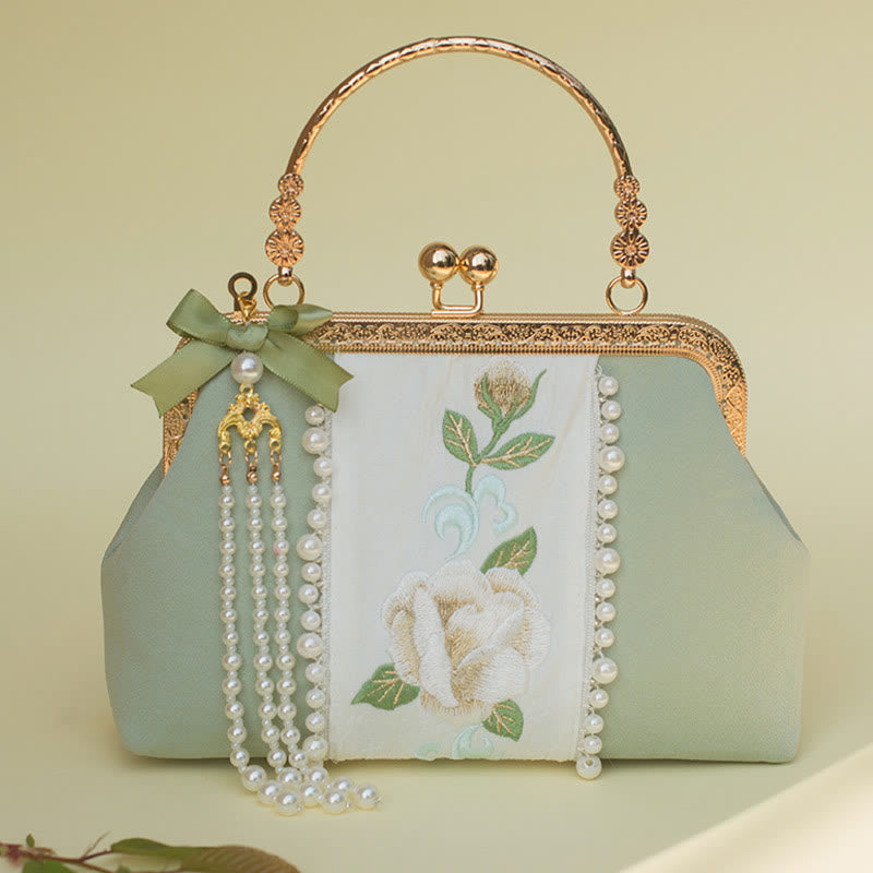 Buddha Stones Double-sided Flowers Embroidery Pearl Pendant Metal Chain Crossbody Bag Handbags - image 7