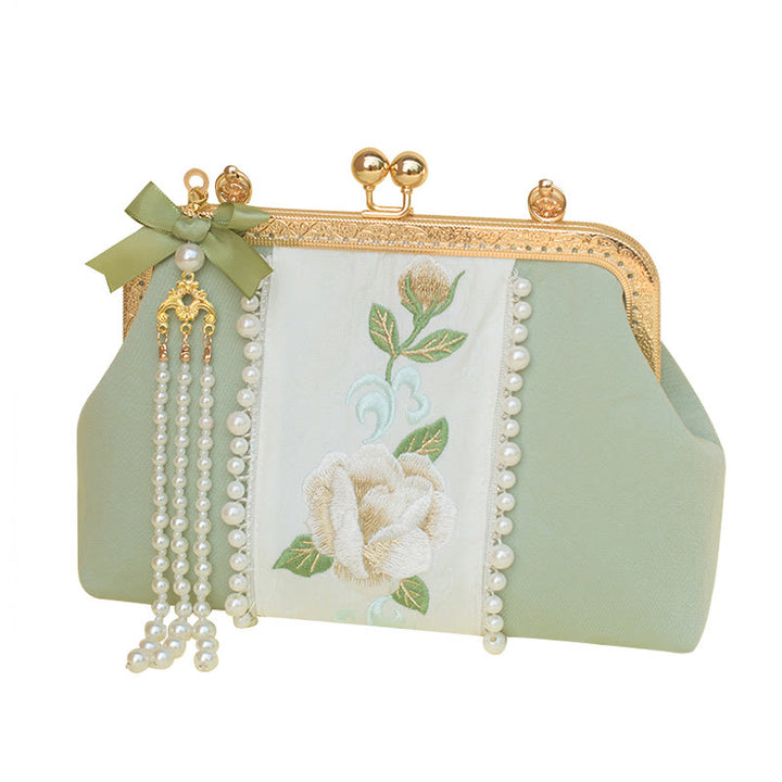 Buddha Stones Double-sided Flowers Embroidery Pearl Pendant Metal Chain Crossbody Bag Handbags - image 8