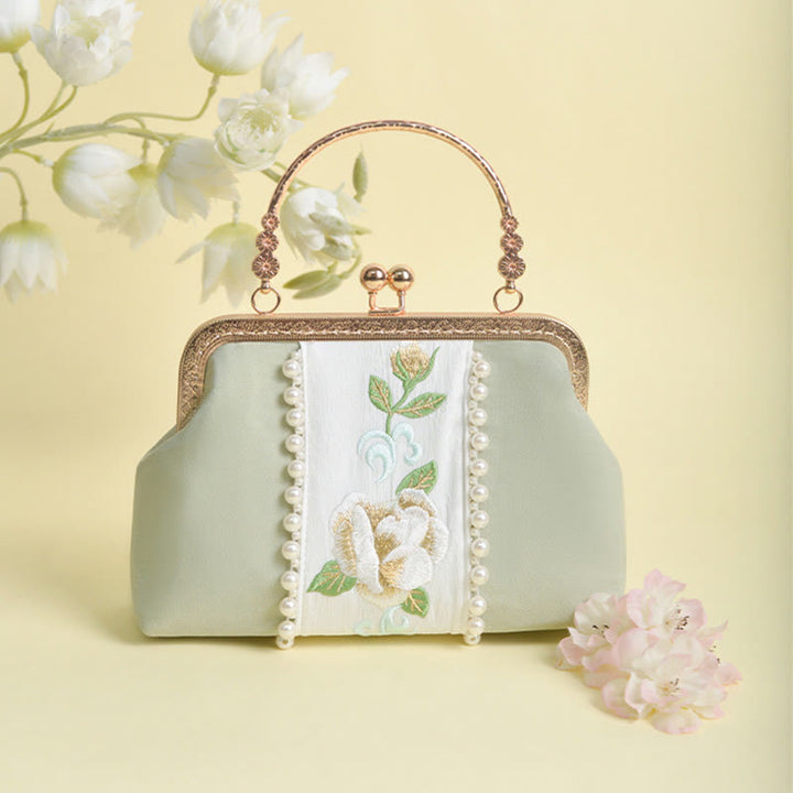 Buddha Stones Double-sided Flowers Embroidery Pearl Pendant Metal Chain Crossbody Bag Handbags - PaleGreen Flowers Embroidery 20*14*7cm - image 11