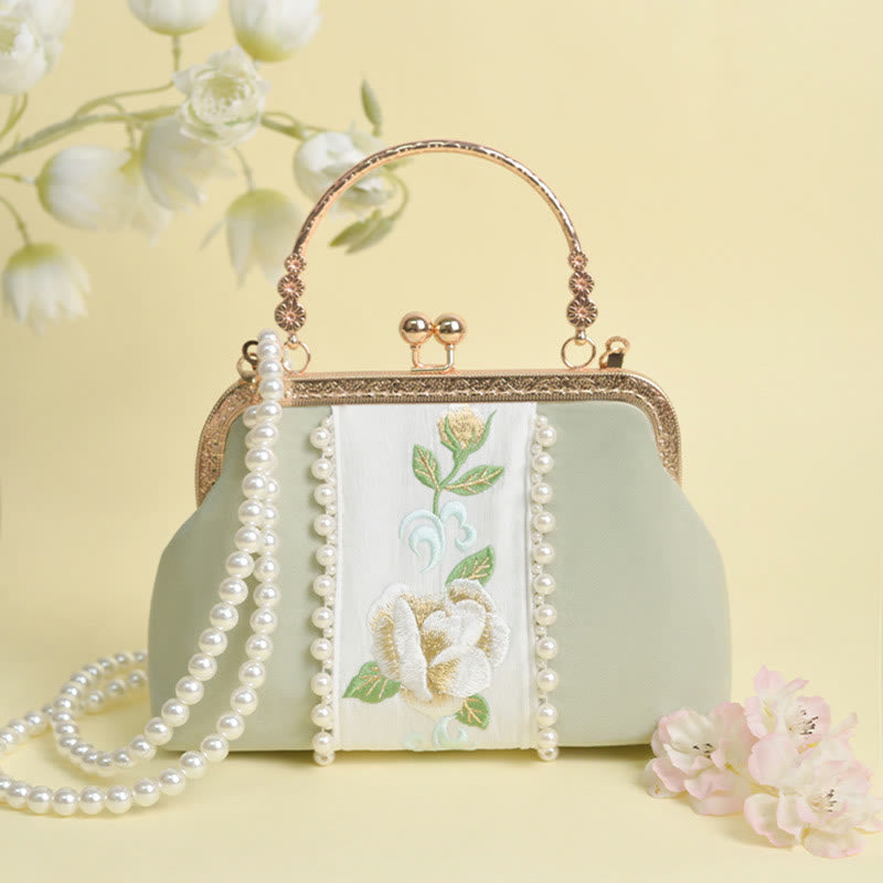 Buddha Stones Double-sided Flowers Embroidery Pearl Pendant Metal Chain Crossbody Bag Handbags - PaleGreen Flowers Embroidery Pearl Chain 20*14*7cm - image 9