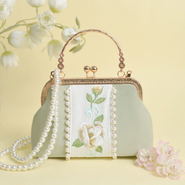 Buddha Stones Double-sided Flowers Embroidery Pearl Pendant Metal Chain Crossbody Bag Handbags - PaleGreen Flowers Embroidery Pearl Chain 20*14*7cm - image 9