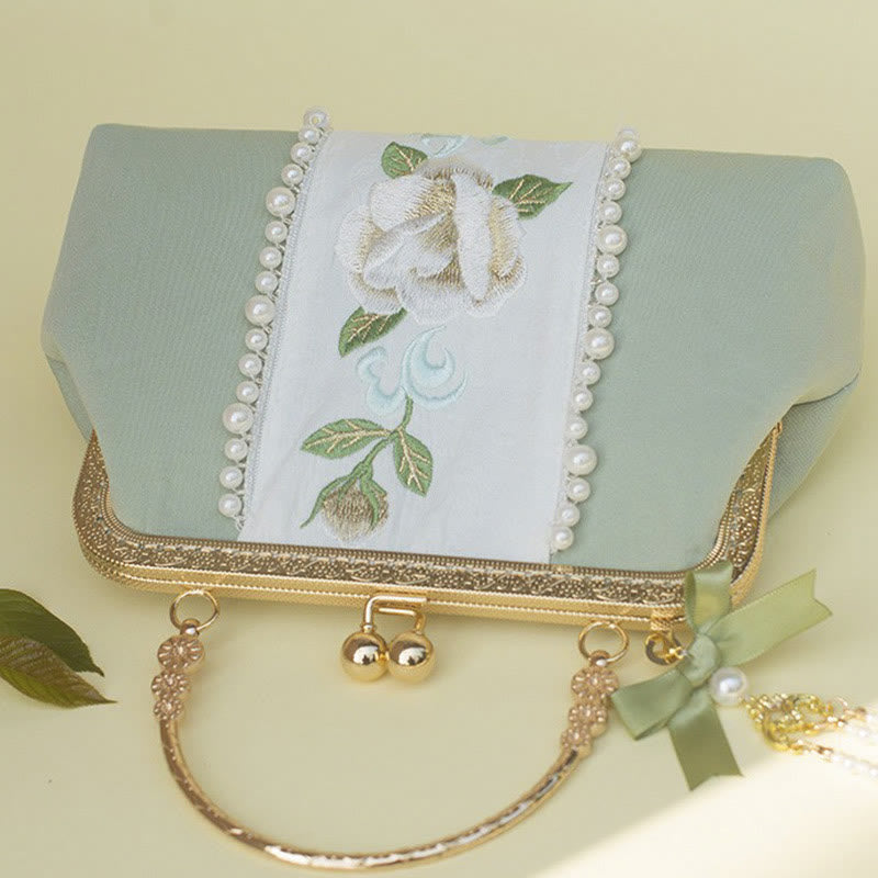 Buddha Stones Double-sided Flowers Embroidery Pearl Pendant Metal Chain Crossbody Bag Handbags - image 14