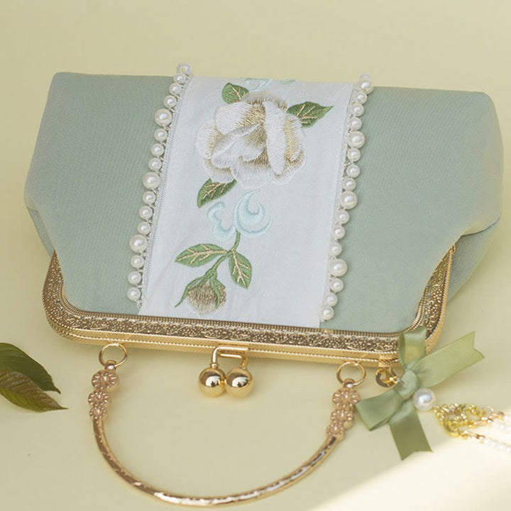 Buddha Stones Double-sided Flowers Embroidery Pearl Pendant Metal Chain Crossbody Bag Handbags - image 14