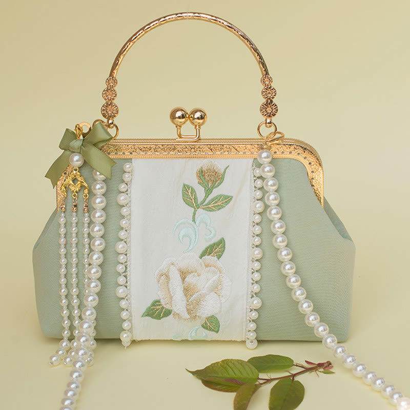 Buddha Stones Double-sided Flowers Embroidery Pearl Pendant Metal Chain Crossbody Bag Handbags - image 1