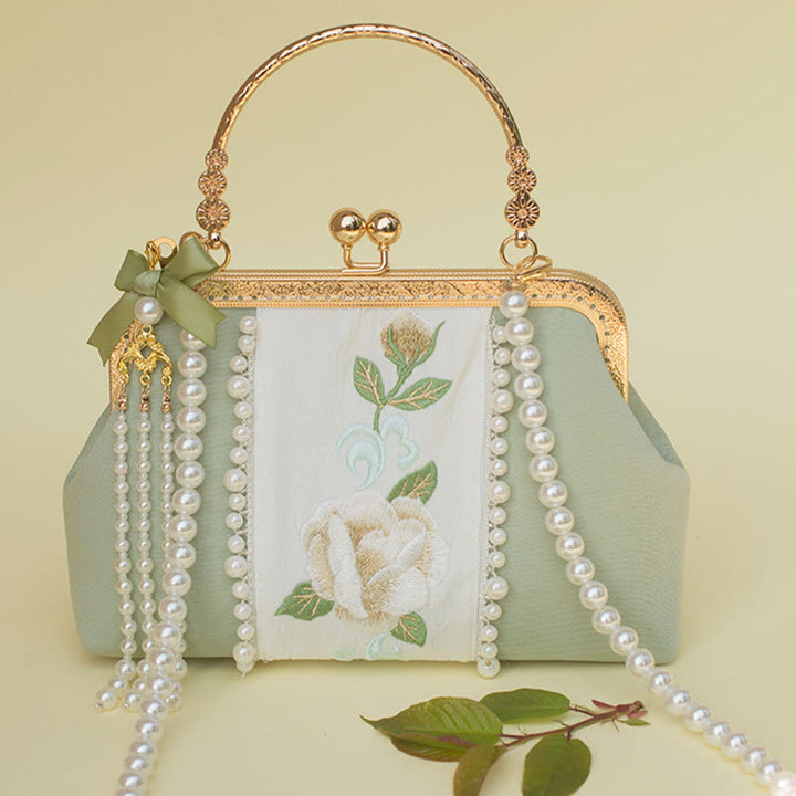 Buddha Stones Double-sided Flowers Embroidery Pearl Pendant Metal Chain Crossbody Bag Handbags - image 1
