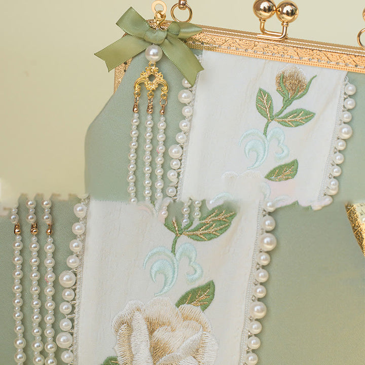 Buddha Stones Double-sided Flowers Embroidery Pearl Pendant Metal Chain Crossbody Bag Handbags - image 6