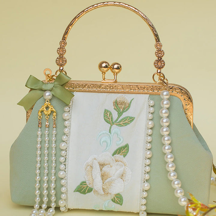 Buddha Stones Double-sided Flowers Embroidery Pearl Pendant Metal Chain Crossbody Bag Handbags - image 4