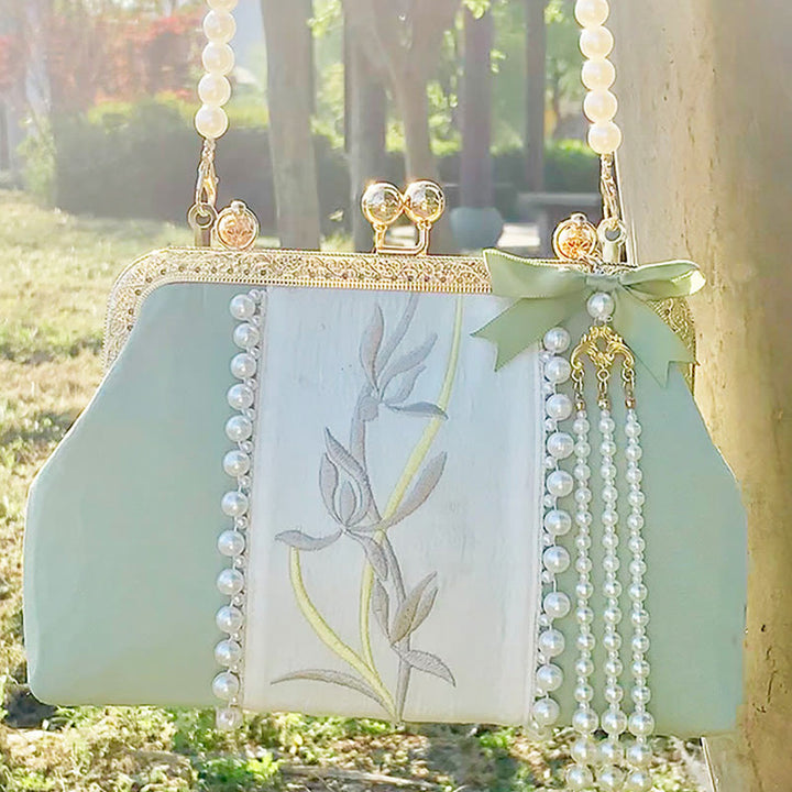 Buddha Stones Double-sided Flowers Embroidery Pearl Pendant Metal Chain Crossbody Bag Handbags - image 5