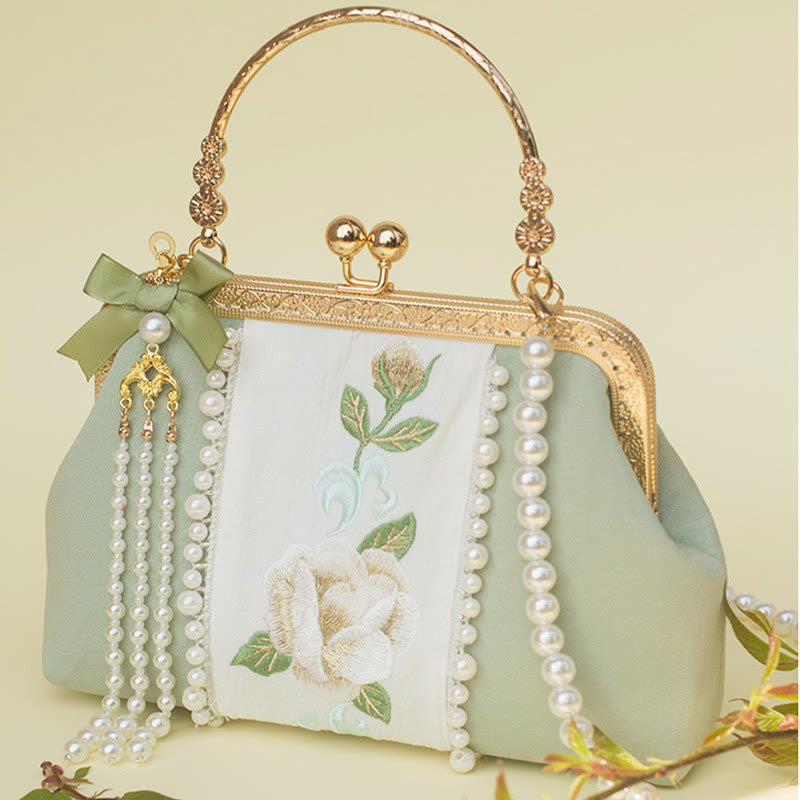 Buddha Stones Double-sided Flowers Embroidery Pearl Pendant Metal Chain Crossbody Bag Handbags - image 3